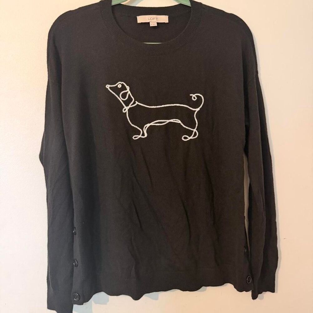 LOFT Dachshund Embroidered Sweater M Preppy Whimsical